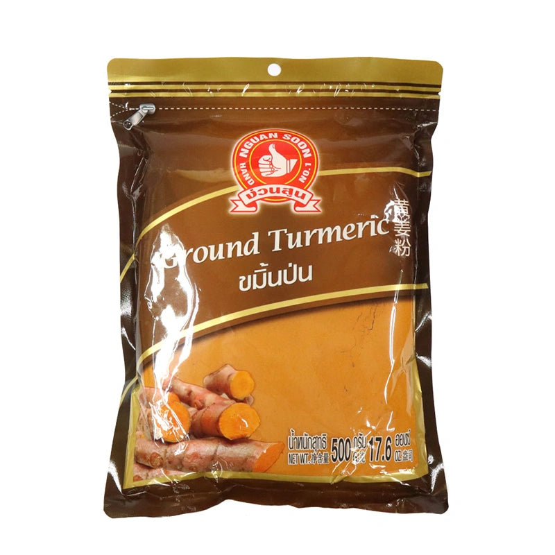 NO.1 HAND BRAND Curcuma powder in a 500g package, showing vibrant yellow turmeric powder in a clear container.
