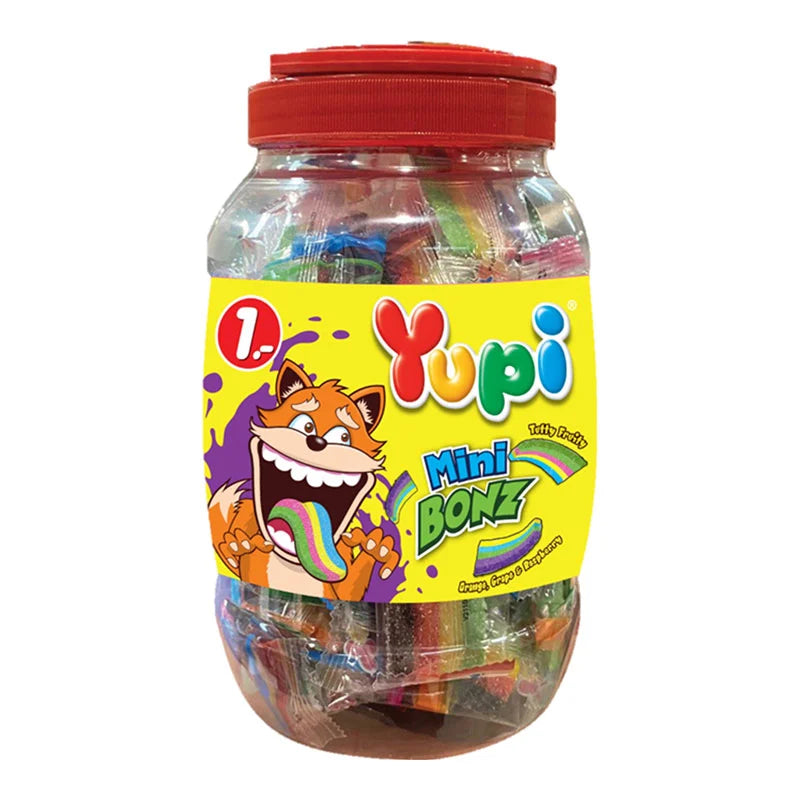 YUPI Gummy Mini Bonz in a 280g package, colorful gummy candies with fruity flavors, displayed in a clear bowl.