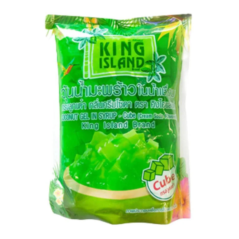 KING ISLAND Coconut Jelly Cream Soda in a 1 kg container, showcasing the colorful label and product packaging.