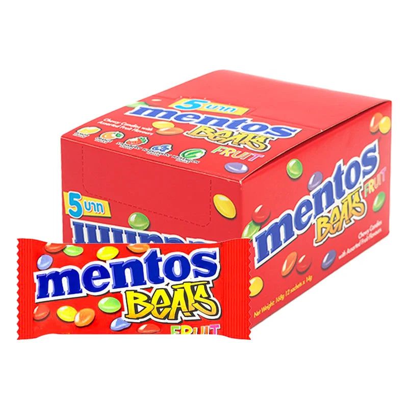Mentos candy pack with 12 individual 14g packs, featuring colorful Mentos branding and assorted fruit-flavored candies in a display.