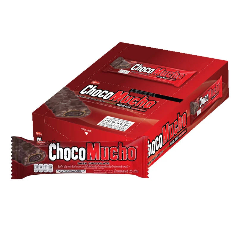 Pack of ten REBISCO Choco Mucho Dark Chocolate 22g bars with chocolate coating and crunchy filling, displayed on a white background.