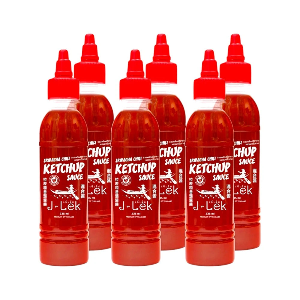 Six bottles of J-LEK Sriracha Chili Sauce mixed with tomato, 235g each, shown in a pack with red and orange sauce bottles.