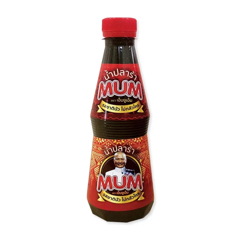 MUM fermented fish sauce 350ml bottle, showing the dark liquid inside a clear glass container with a label.