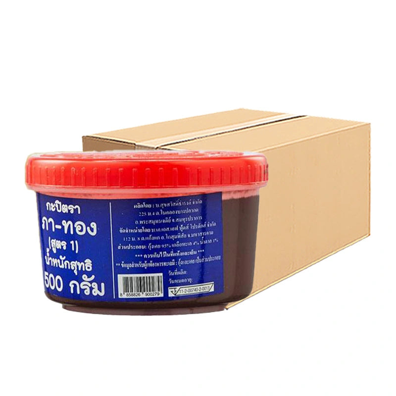 PA-THONG Grade A shrimp paste carton showing 12 packs of 500g each, with a close-up of the paste in a container.