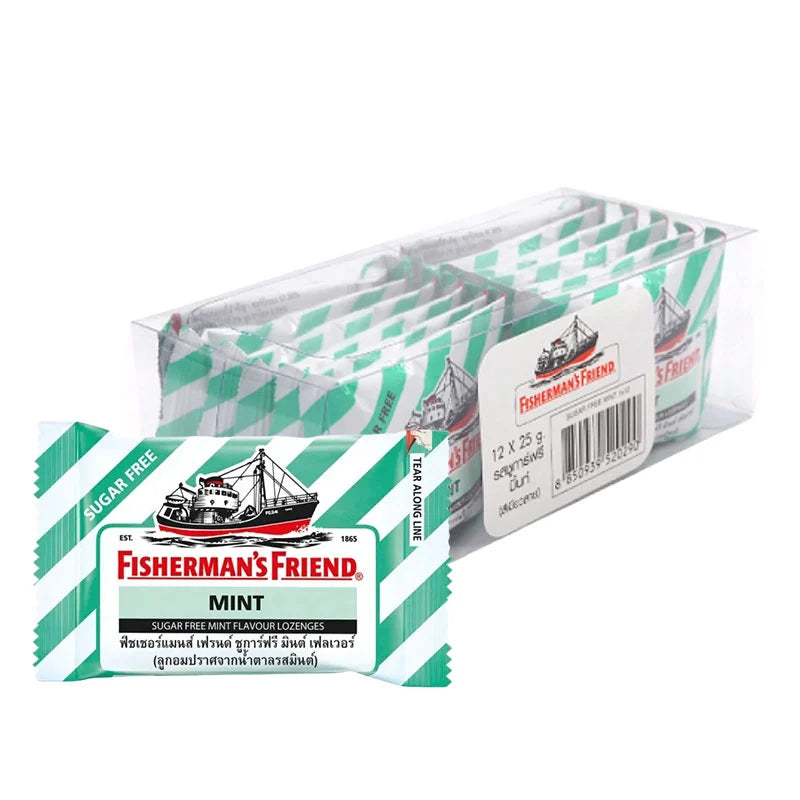 Fisherman's Friend Sugar-Free Mint Lozenges pack with 12 lozenges, displaying the mint-flavored candies in a clear package.