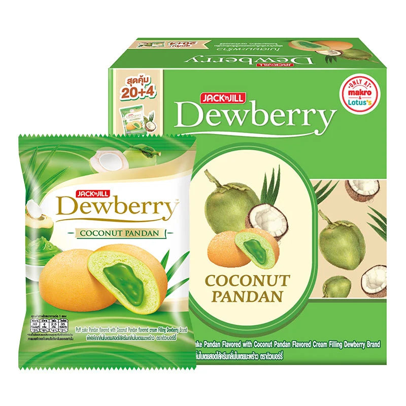 DEWBERRY Coconut Pandan Cake 15g package, showing individual wrapped snack with green pandan flavor and coconut flavor details.
