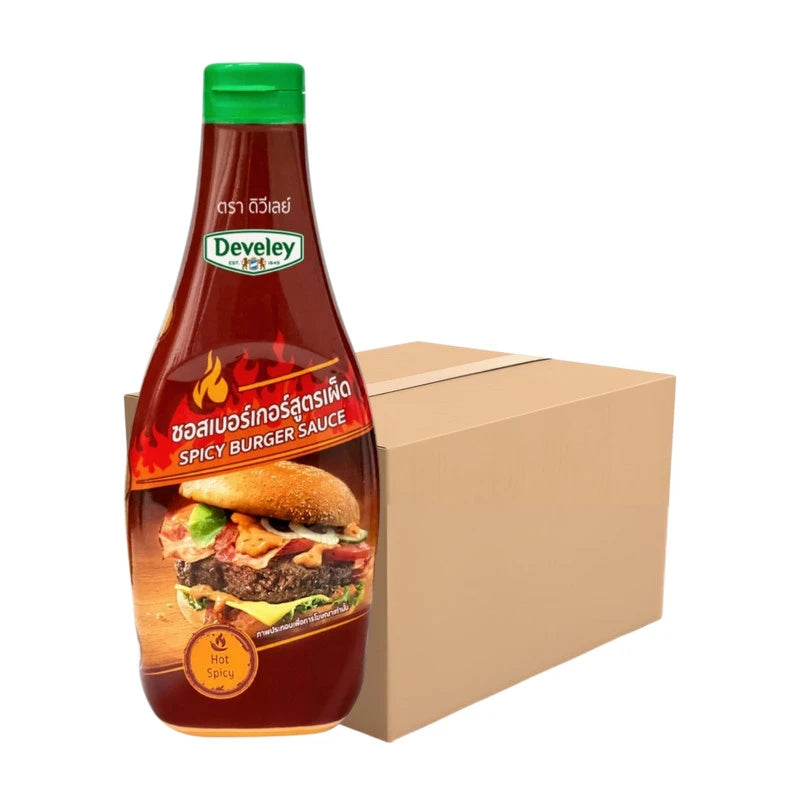 DEVELEY Spicy Burger Sauce 370g bottles, pack of 12, with vibrant sauce and burger ingredients on the label.