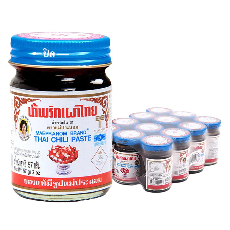 Maepranom Chili Paste 57g jar, showing vibrant red chili paste with a textured surface in a clear glass jar.