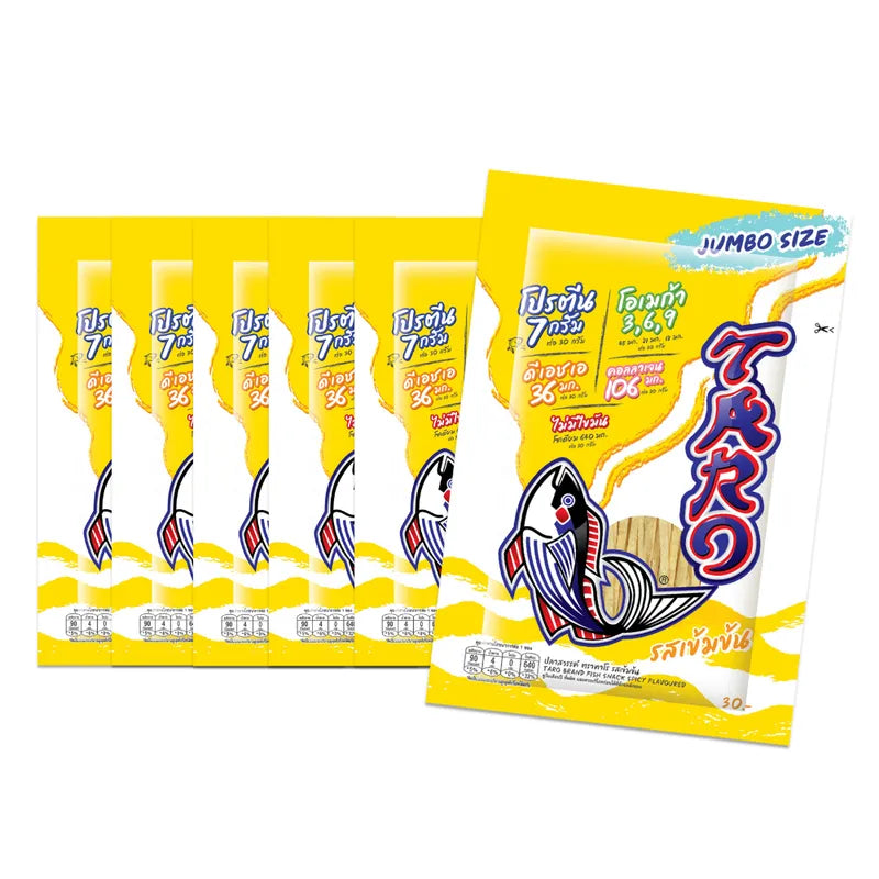 Spicy taro-flavored fish snack in 30g packs, showing crispy fish pieces with spicy seasoning in the TARO brand packaging.