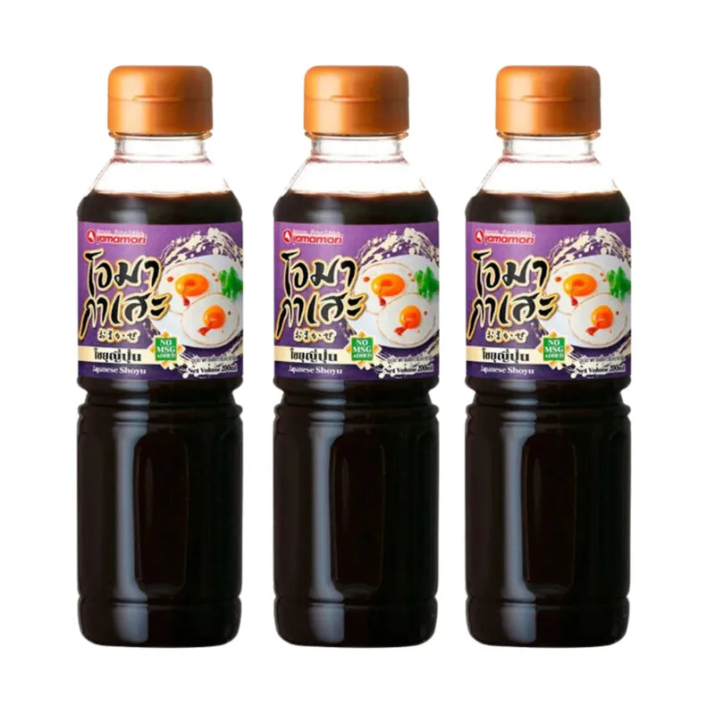Three bottles of OMAKASE Japanese Soy Sauce, 200 mL each, with dark soy sauce visible in clear glass bottles.