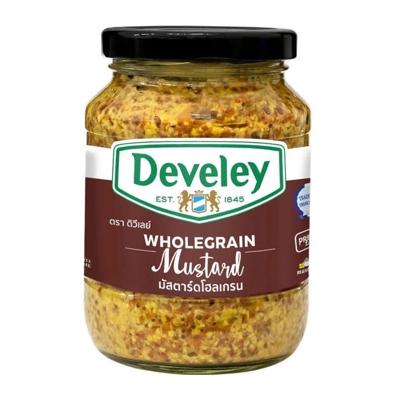 DEVELEY Wholegrain Mustard jar showing label and mustard grains in a glass jar, 320g size, on a wooden surface.