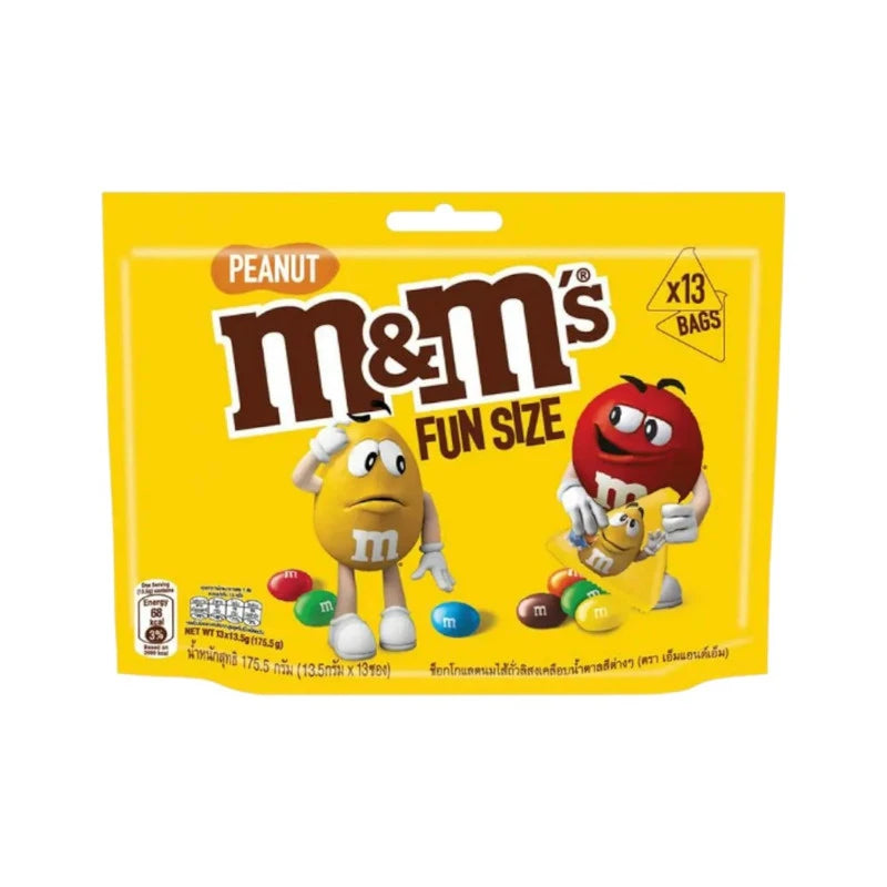M&M's Peanut Milk Chocolate filled with peanuts in a fun size 175.5g pack, showing colorful chocolate candies with peanut centers.