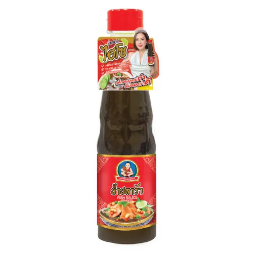 Bottle of DEKSOMBOON Fermented Fish Sauce 370g with label visible and transparent cap, on a plain background.