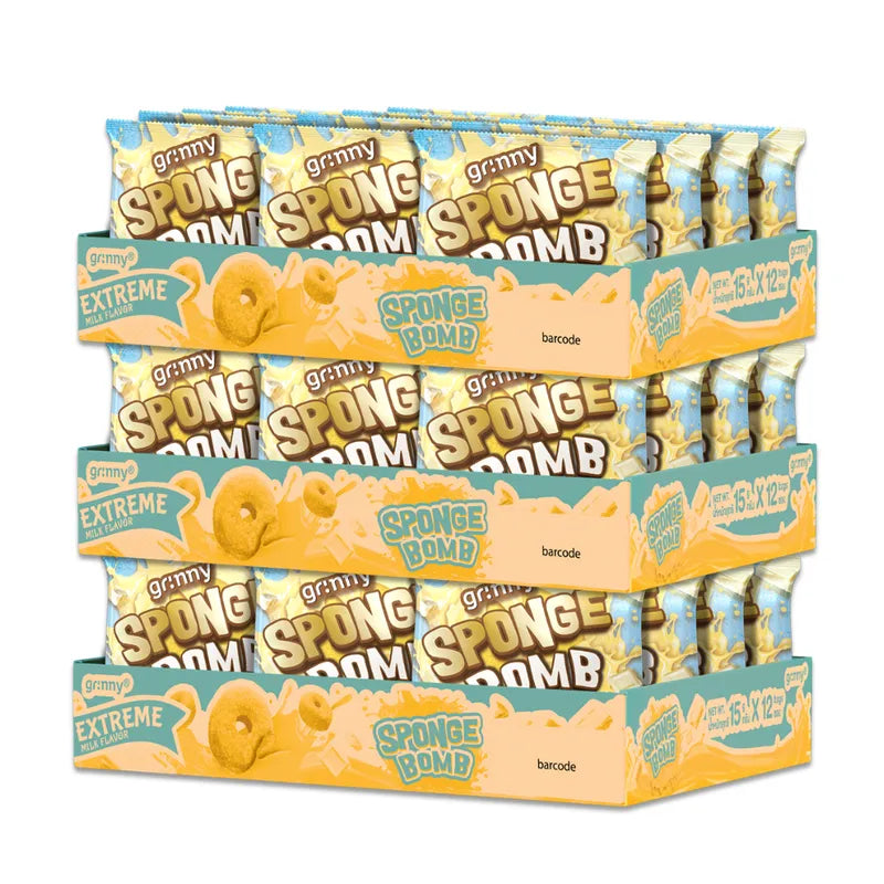 Grinny Sponge Bomb Snack Extreme Milk Flavor 15g pack, 12 pieces x3, showing colorful sponge-shaped candies in a packaging display.