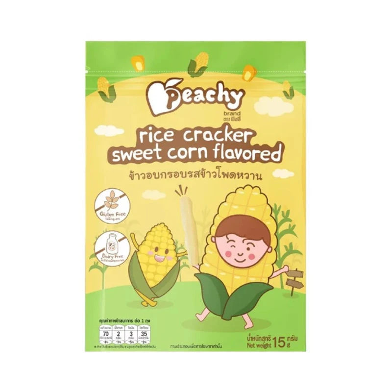 PEACHY Peachy Sweet Corn Flavor Crispy Baked Rice Snack bag, showing the colorful packaging with rice snack inside