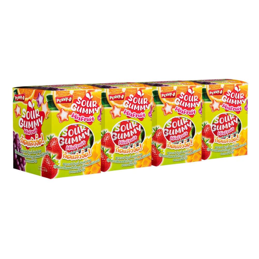 PENNYO Sour Gummy Mixed Fruit Candy in 12g packs, colorful assorted fruit shapes with a sour coating, displayed in a pile.