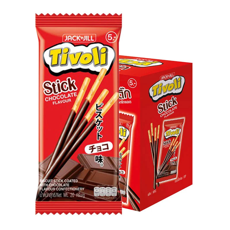 Tivoli chocolate-coated biscuit sticks in a 20g pack, 12 pieces, showing golden-brown biscuits with a chocolate coating.