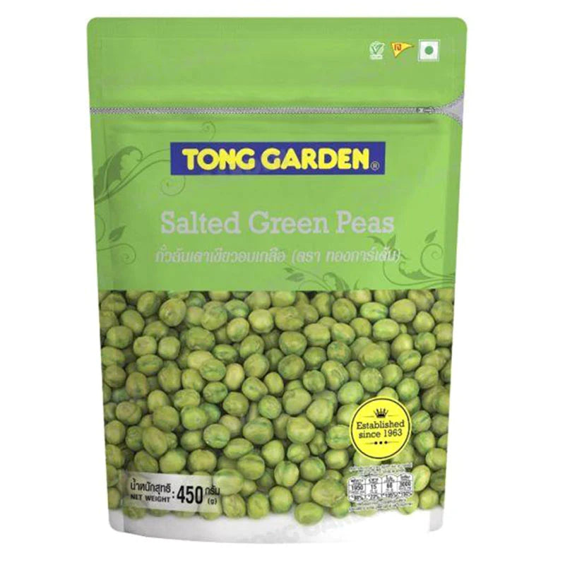 Tong Garden Salted Green Peas in 450g package, showing fresh, green peas with visible salt crystals in a clear container.