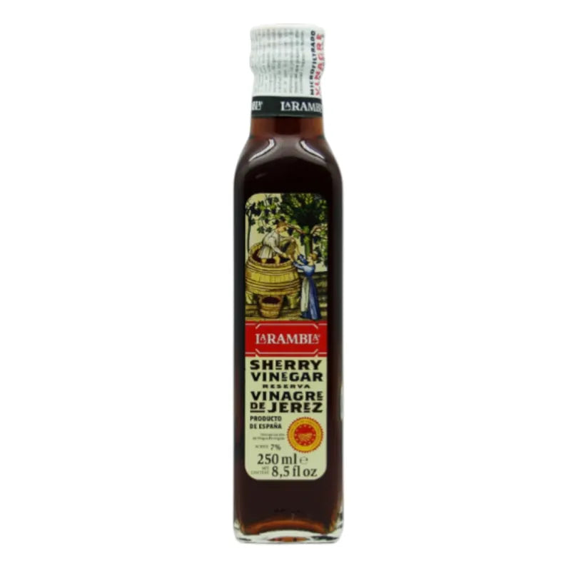 La Rambla Sherry Vinegar Reserve 250ml bottle with a dark amber liquid in a clear glass bottle, label visible.