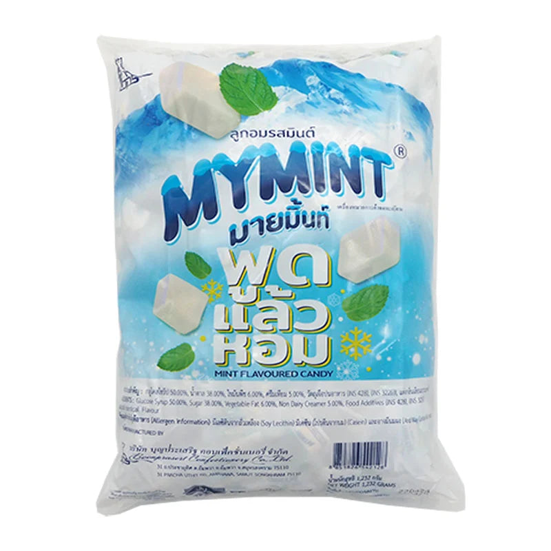 Assorted MYMINT mint-flavored candies in colorful wrappers, arranged in a display, showcasing the popular mint candy brand.
