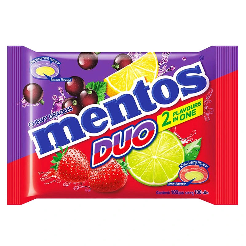 Mentos Duo Candy pack with 100 pieces, featuring colorful Mentos mints in a resealable bag, showcasing the fresh, chewy treats.