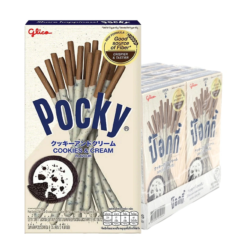 Pack of ten POCKY Cookies Cream 41g snack sticks featuring crispy biscuit fingers coated in creamy chocolate.