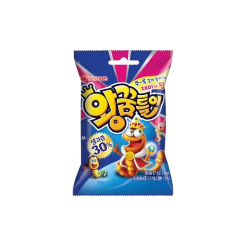 Orion King Jelly Korean snack in a clear container, showing colorful jelly candies with vibrant fruit flavors and branding.