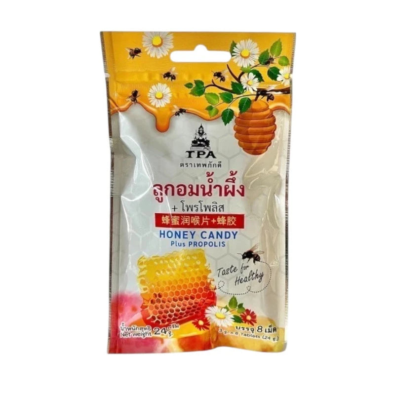 Chada Honey Candy with honey and propolis extract, showing the colorful candy pieces in a clear wrapper.