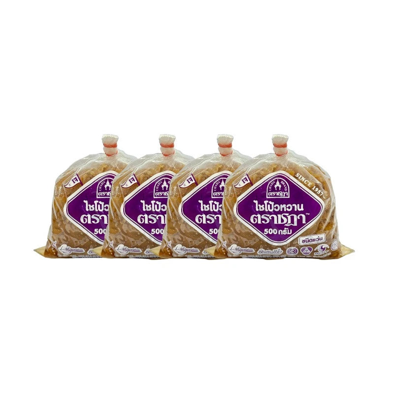 Chada Sweet Sliced Preserved Radish in 4 bags, 500g each, featuring no MSG and no artificial color, displayed in a clear container.