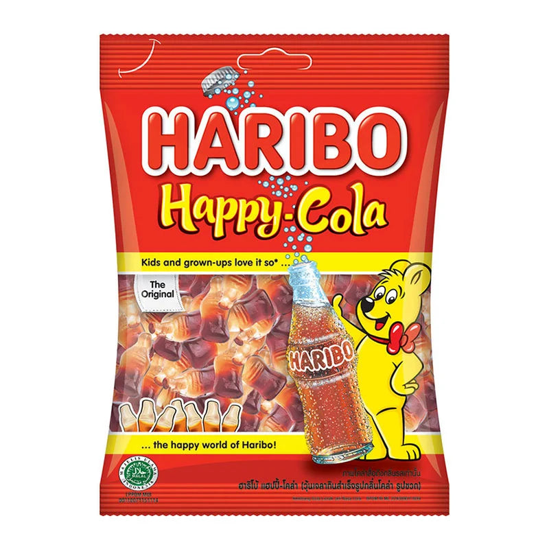 Colorful HARIBO Gummy Happy Cola candies in a clear bag, showcasing the iconic cola-flavored gummy treats.