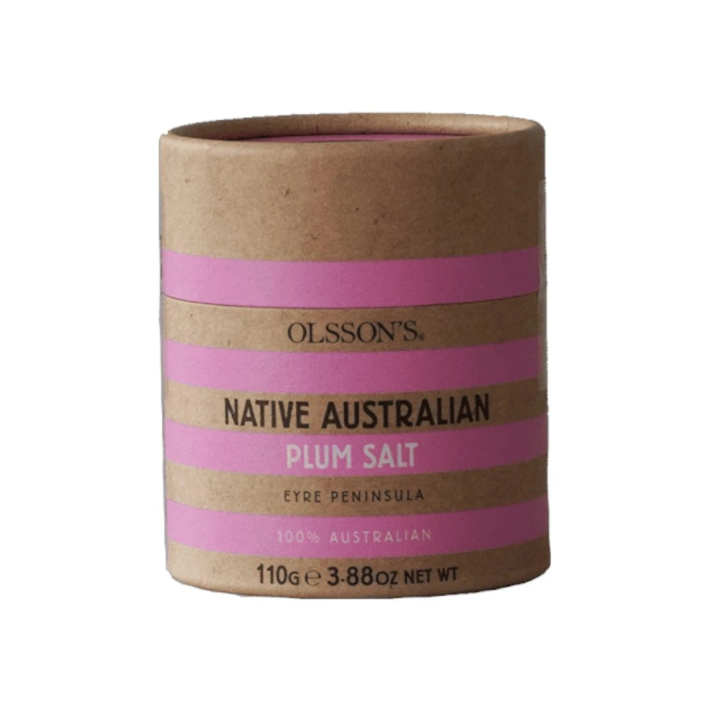 OLSSON'S Native Plum Salt 110g jar showing the textured salt with native plum flavor in a clear glass container.