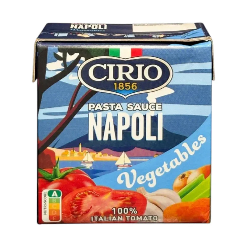 Cirio Naples Style Pasta Sauce with fresh vegetables in a jar, featuring a rich blend of five flavorful varieties.