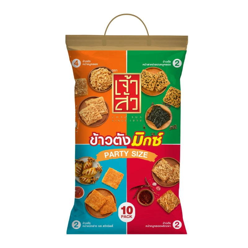 CHAOSUA Rice Cracker Mix in party size 30g, showing colorful assorted rice crackers in a resealable bag.