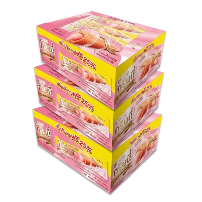 Grinny strawberry-coated snack filled with strawberry cream, 15g box, 12 pieces per pack, three packs in the image.