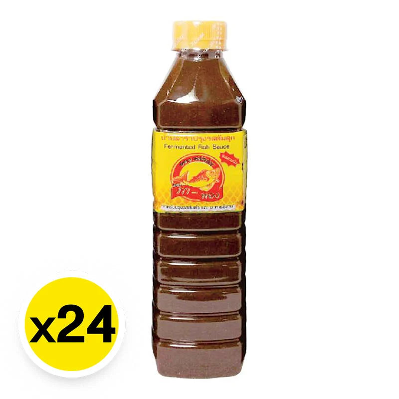 Fermented fish sauce in a 500ml bottle from PA-THONG, showing the clear liquid inside the packaging.