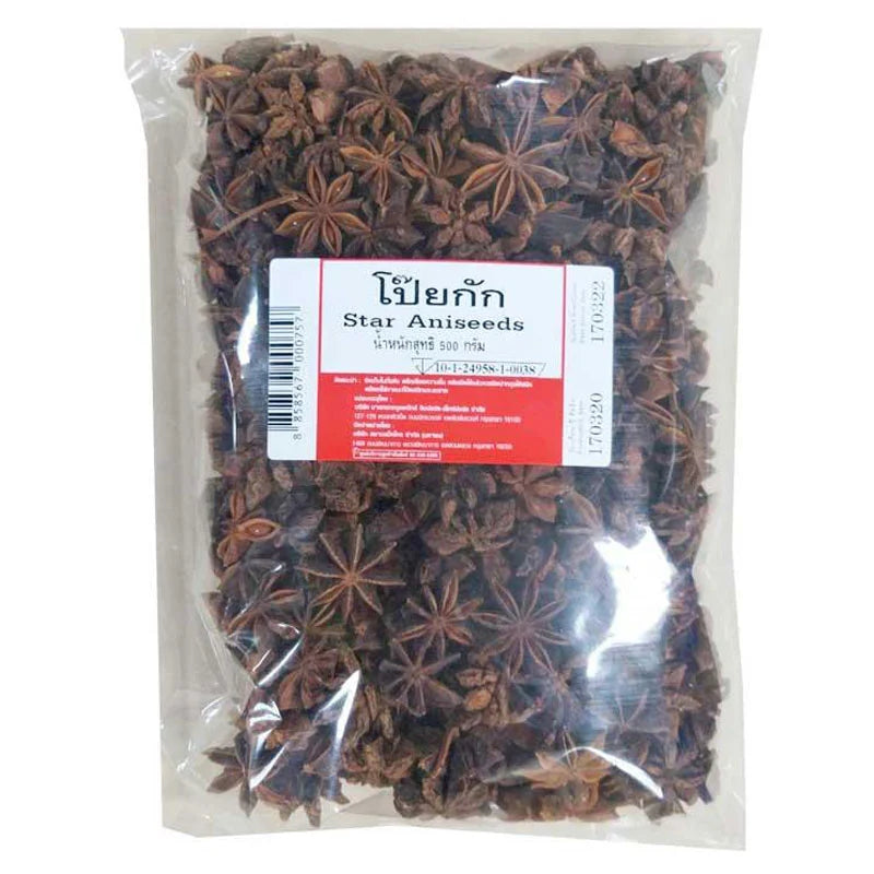 Makro Star Anise 500g in a clear plastic bag, showing whole star-shaped spice with dark brown color and textured surface.