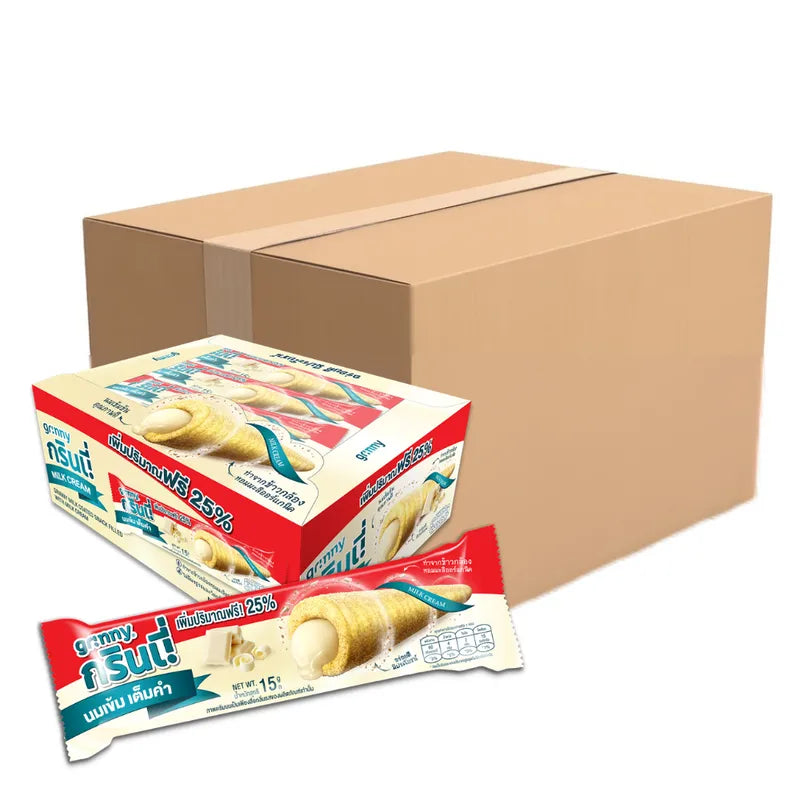 Assorted Grinny Milk Coated Snacks filled with milk cream in a box, 15g each, 12 pieces, displayed in a package.