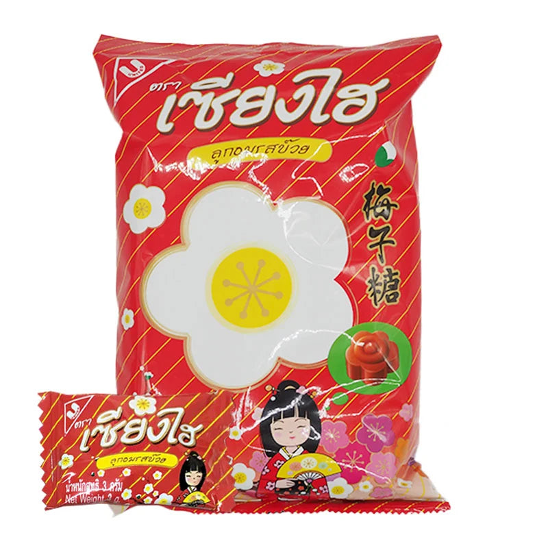 SANGHAI Plum Flavored Candy 100 pcs, colorful individually wrapped sweets with plum flavor in a clear plastic bag.