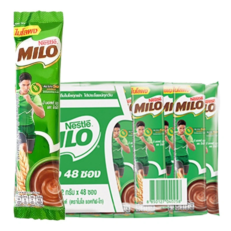 Packet of MILO Active Go 12 g energy drink powder sachets, featuring the MILO logo and vibrant packaging design.