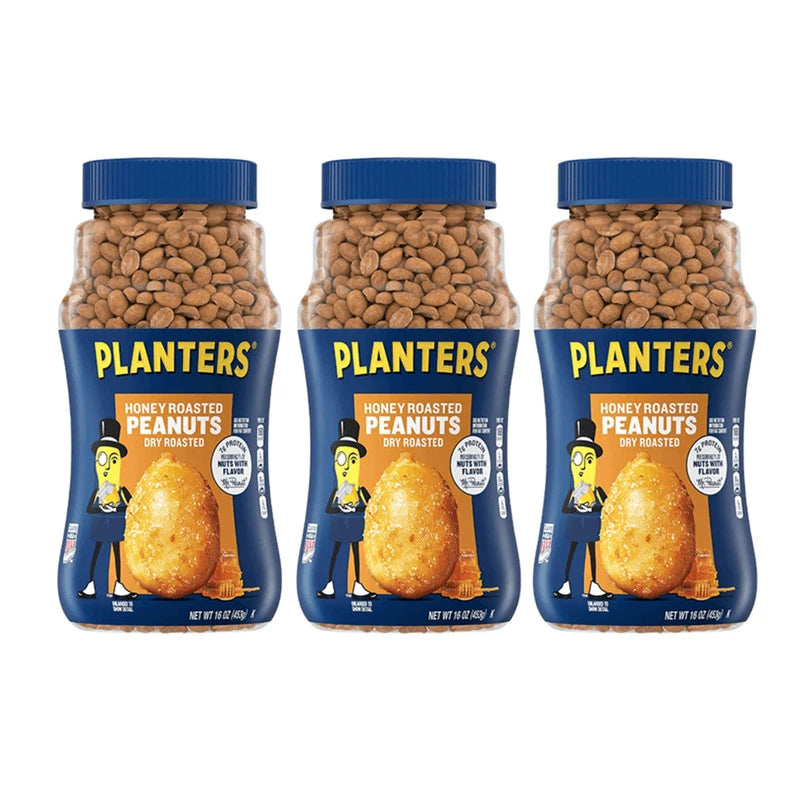 PLANTERS dry honey roasted peanuts with honey coating and sea salt, 453g package, arranged in a bowl on a wooden surface.