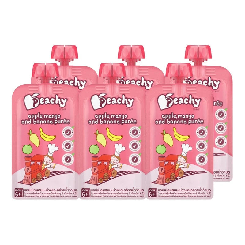 PEACHY Vegetable and Fruit Flavor Snack Pack with 6 bags, colorful packaging for healthy fruit and veggie flavored treats.