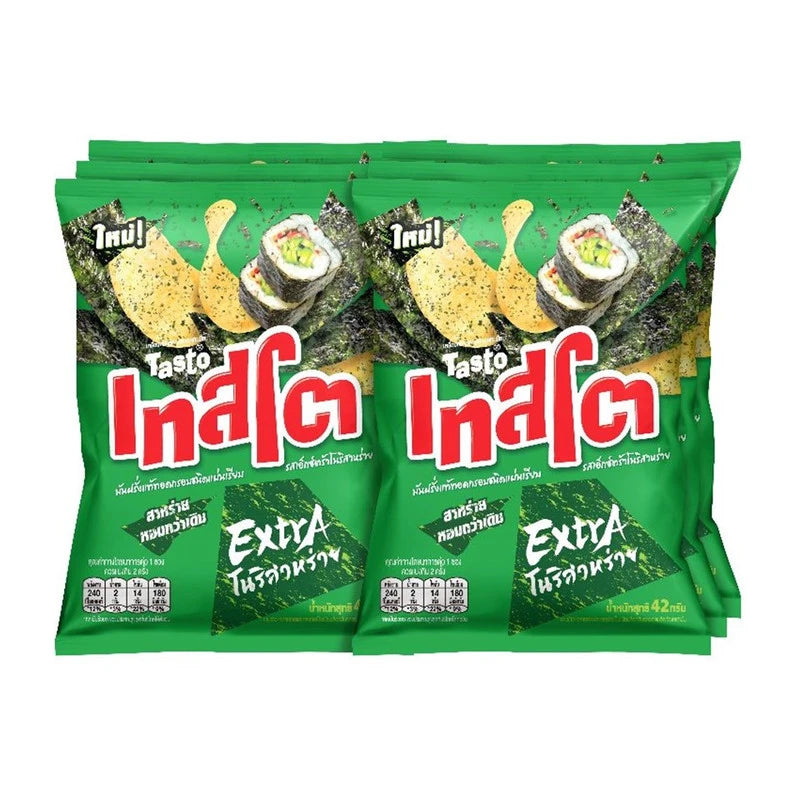 TASTO Crispy Potato Chips with extra Nori seaweed flavor in a 42g pack, shown in a multi-pack box.