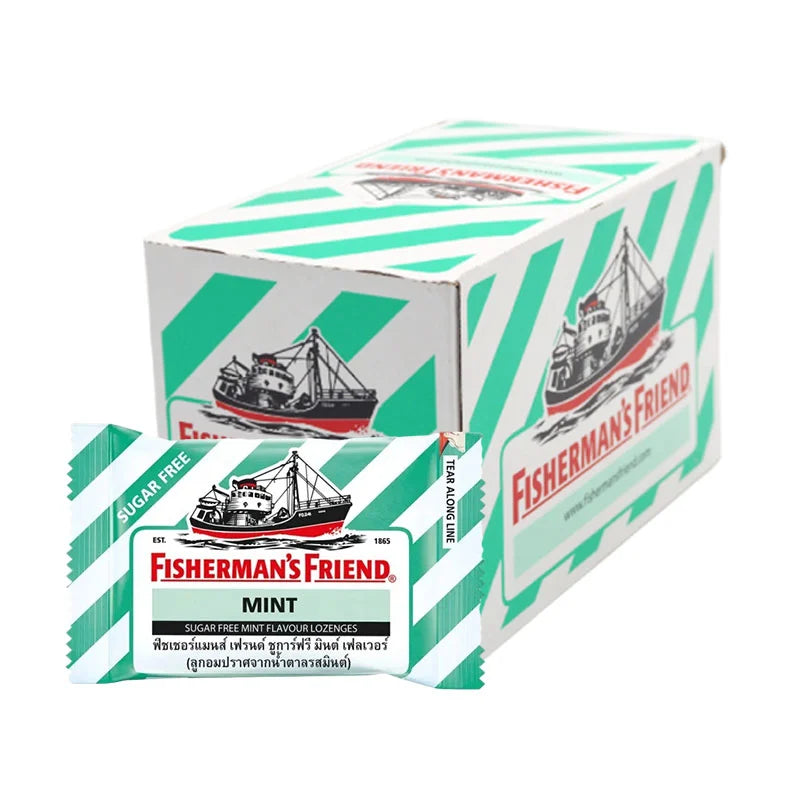 Fisherman's Friend Sugar Free Mint lozenges in a 24-pack, featuring green packaging and showing the mint candies inside.