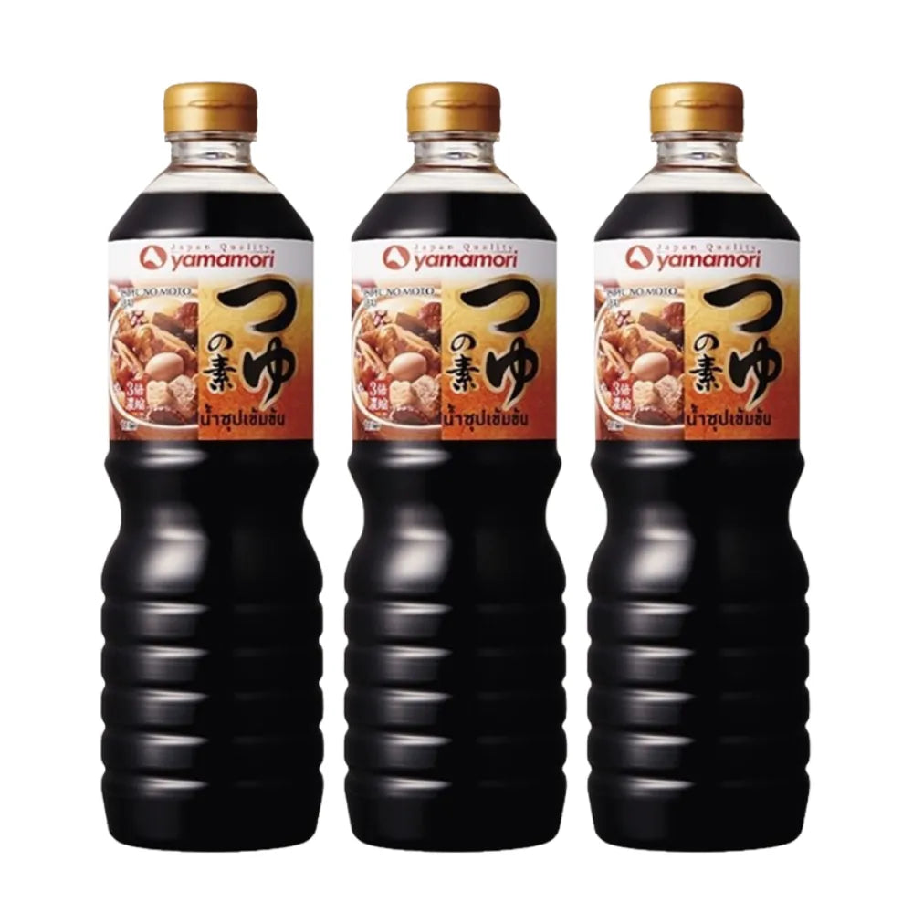 YAMAMORI Concentrated Oden Soup packs, 1-liter each, featuring Japanese-style oden broth in three packs with clear, sealed packaging.