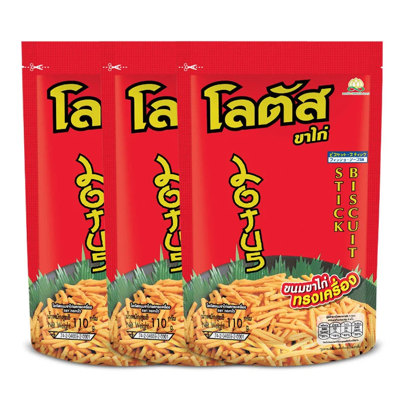 LOTUS Original Biscuit Sticks 110g pack, featuring crispy, golden biscuit sticks in a three-pack display.