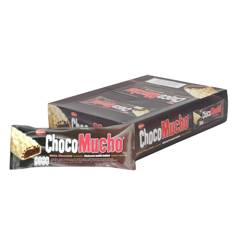 Assorted CHOCO MUCHO chocolate cookies in a 25g pack, displayed in a row, showcasing their crispy texture and chocolate coating.