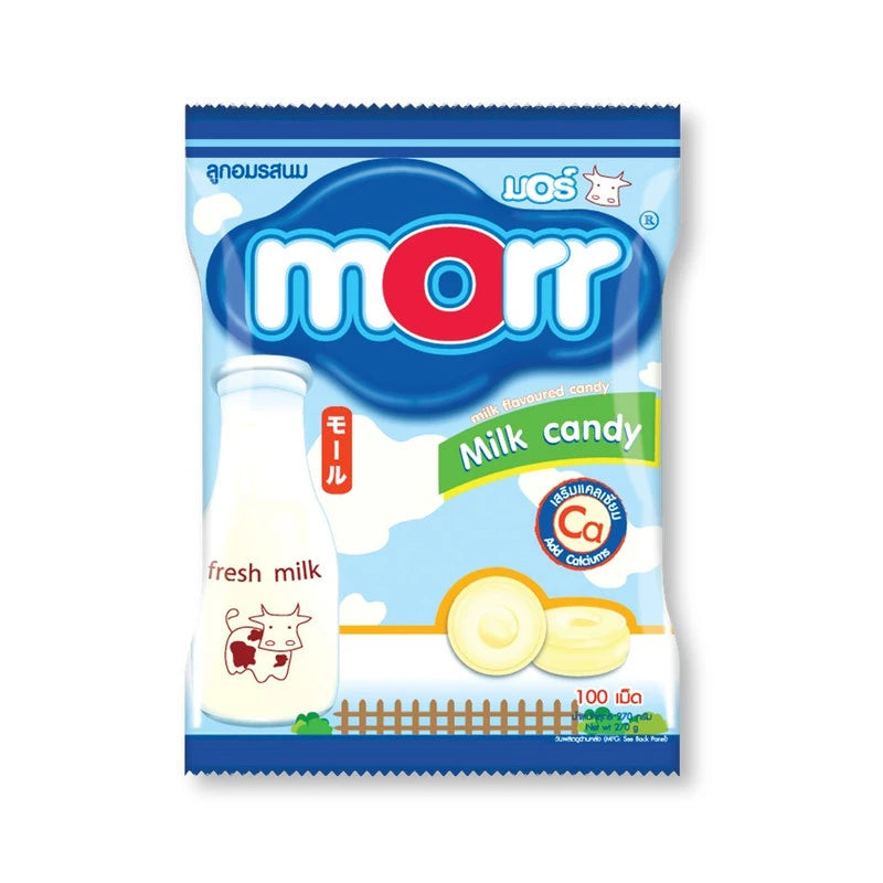 MORR More Candy Milk 250g box containing 100 pieces of milk-flavored candies arranged in a row.