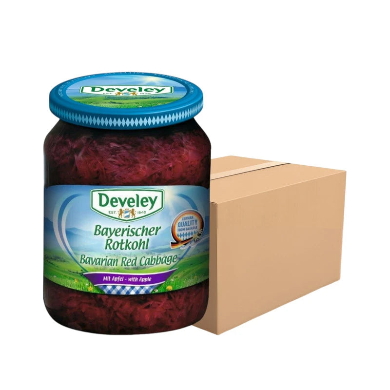 Six jars of DEVELEY Pickled Red Cabbage, 680g each, showcasing colorful, sliced pickled red cabbage in glass jars.