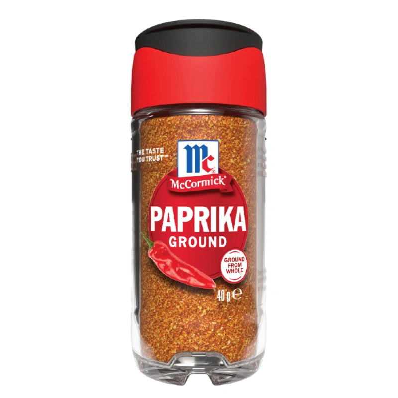 MCCORMICK paprika powder in a 40g jar, vibrant red spice for cooking and seasoning.