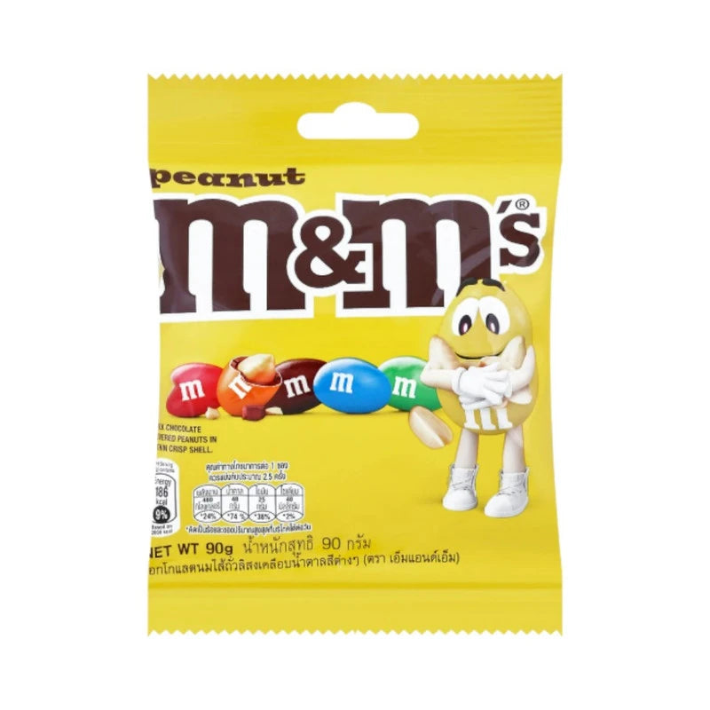 M&M Peanut Milk Chocolate candy with peanut filling in a 90g package, featuring colorful M&M candies with peanut centers.